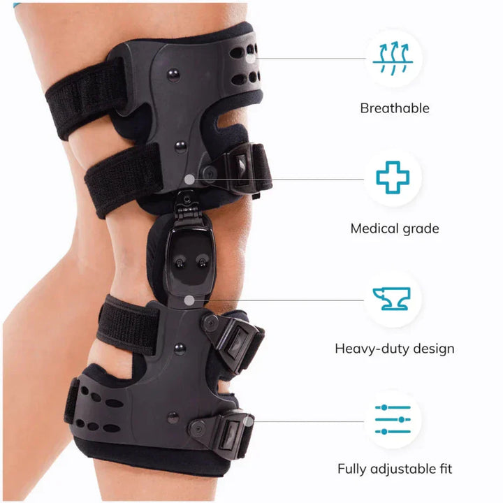 "Schwarze verstellbare Kniebandage seitlich für Druckentlastung, Stabilität und Komfort bei Arthrose und Bänderverletzungen."