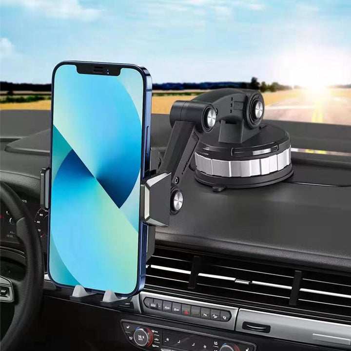 "Schwarzer 360-Grad Handyhalter mit starkem Saugnapf auf glatter Oberfläche, bietet flexible Handy-Drehung und sicheren Halt.