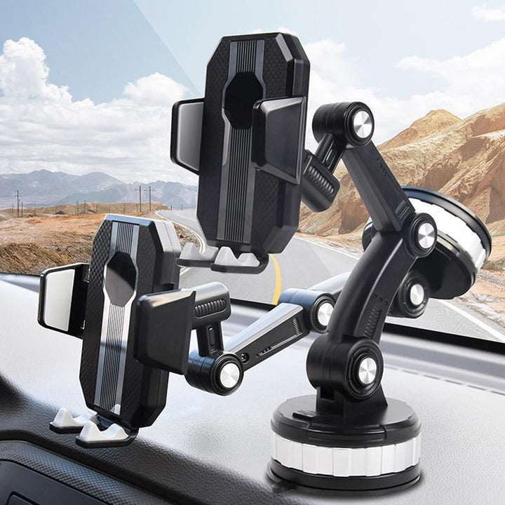 "Schwarzer 360-Grad Handyhalter mit starkem Saugnapf auf glatter Oberfläche, bietet flexible Handy-Drehung und sicheren Halt.