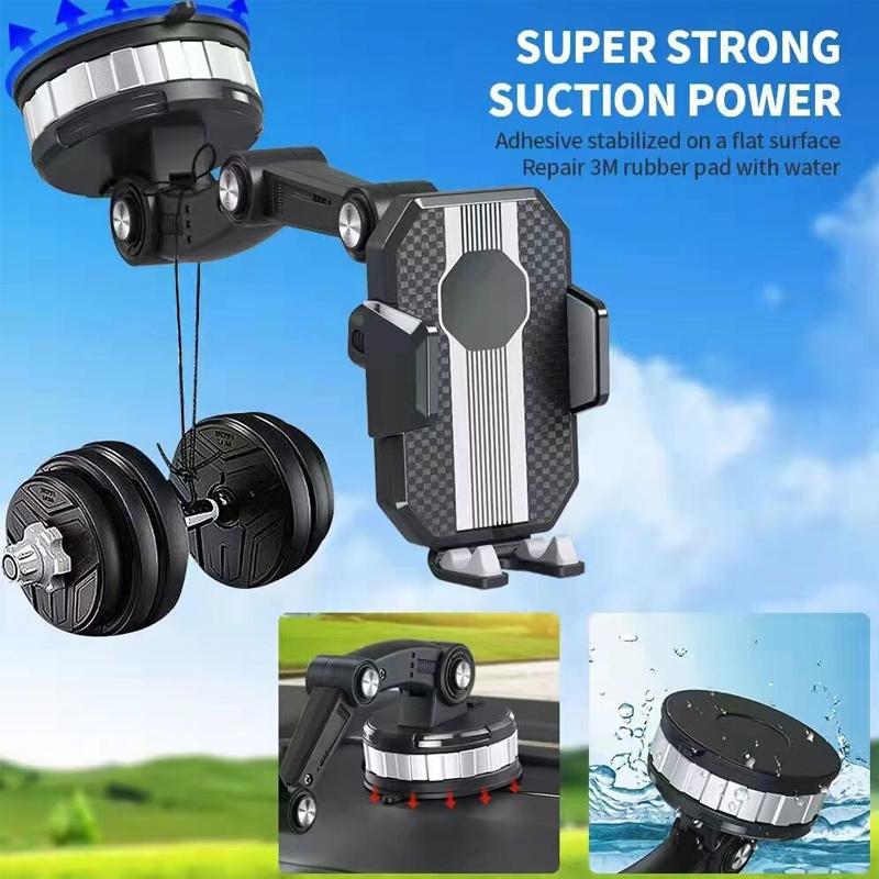 "Schwarzer 360-Grad Handyhalter mit starkem Saugnapf auf glatter Oberfläche, bietet flexible Handy-Drehung und sicheren Halt.
