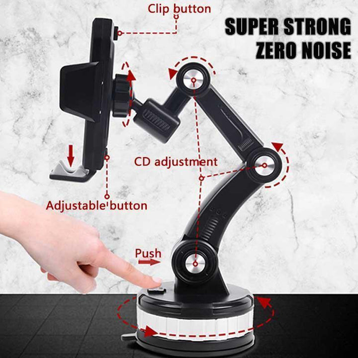 "Schwarzer 360-Grad Handyhalter mit starkem Saugnapf auf glatter Oberfläche, bietet flexible Handy-Drehung und sicheren Halt.