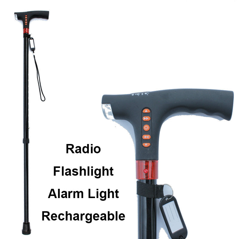"Schwarzer Spazierstock für Senioren mit LED-Licht und Radio, verstellbar, aus Aluminium für sichere und unterhaltsame Spazie