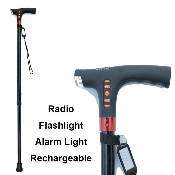 "Schwarzer Spazierstock für Senioren mit LED-Licht und Radio, verstellbar, aus Aluminium für sichere und unterhaltsame Spazie