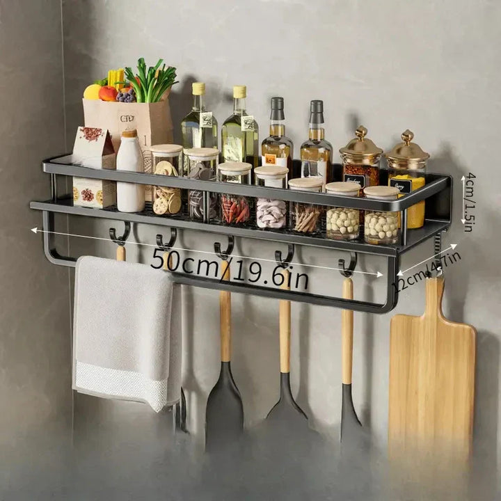 Schwarzes Küchenregal im modernen Design, platzsparend, elegantes Metallgestell für stilvolle und organisierte Küche.