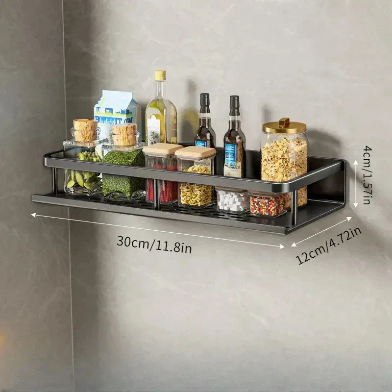 Schwarzes Küchenregal im modernen Design, platzsparend, elegantes Metallgestell für stilvolle und organisierte Küche.