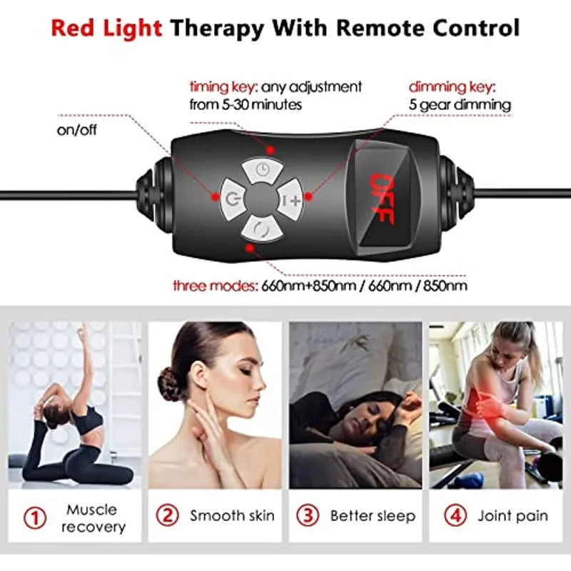 "Schwarzes Rotlichttherapie-Panel für intensive Schmerzlinderung, auf Stativ, LED-Wellenlängen 660nm und 850nm."