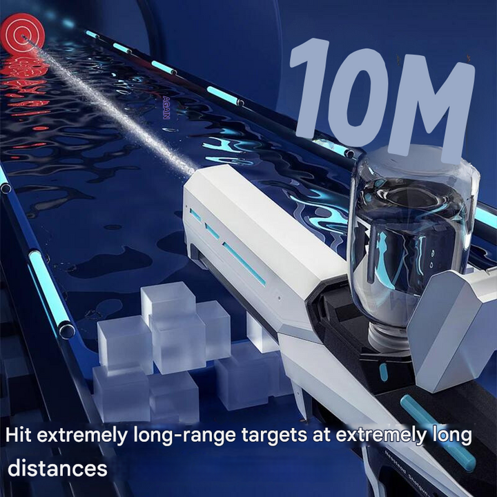 Seitenansicht der automatischen Wasserpistole mit 1L Tank und 10m Reichweite, ideal für lange Wasserschlachten.