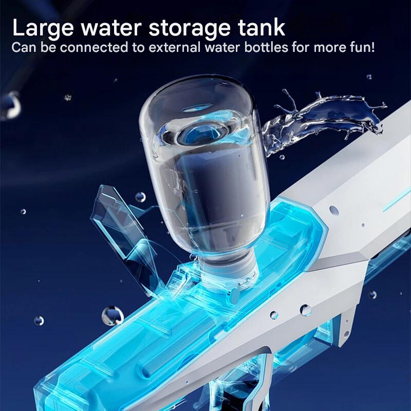 Seitenansicht der automatischen Wasserpistole mit 1L Tank und 10m Reichweite, ideal für lange Wasserschlachten.