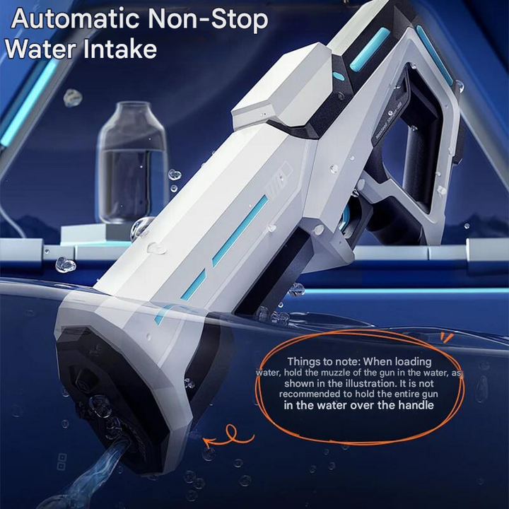 Seitenansicht der automatischen Wasserpistole mit 1L Tank und 10m Reichweite, ideal für lange Wasserschlachten.