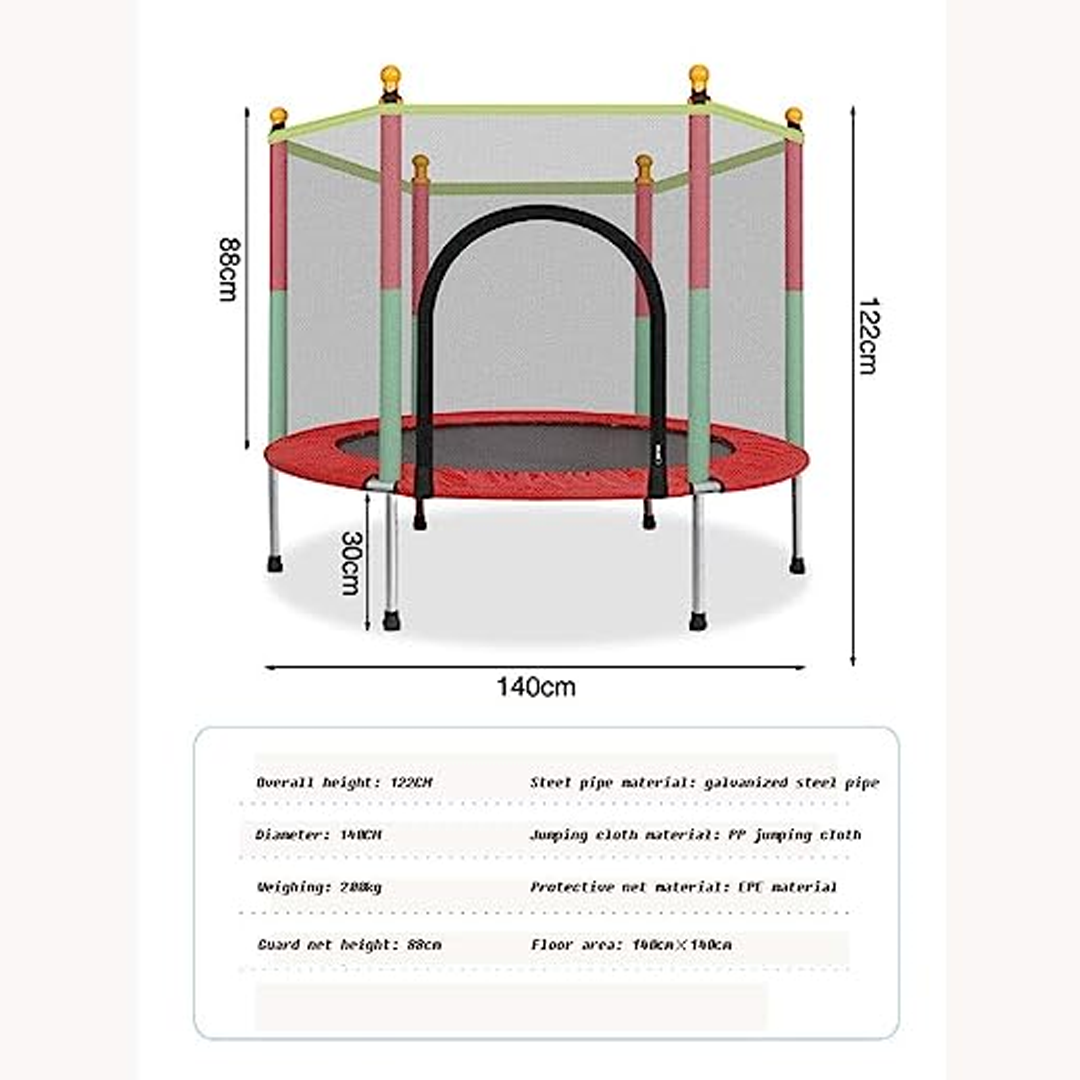 "Sicheres Kindertrampolin mit robustem Rahmen, Schutzrand und Netz; ideal für draußen, geeignet bis 100 kg, einfach montierba