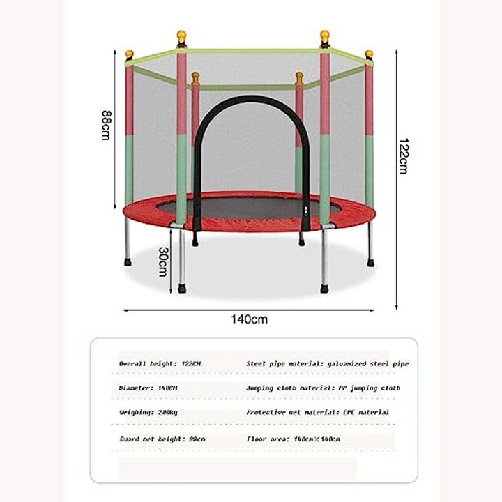 "Sicheres Kindertrampolin mit robustem Rahmen, Schutzrand und Netz; ideal für draußen, geeignet bis 100 kg, einfach montierba