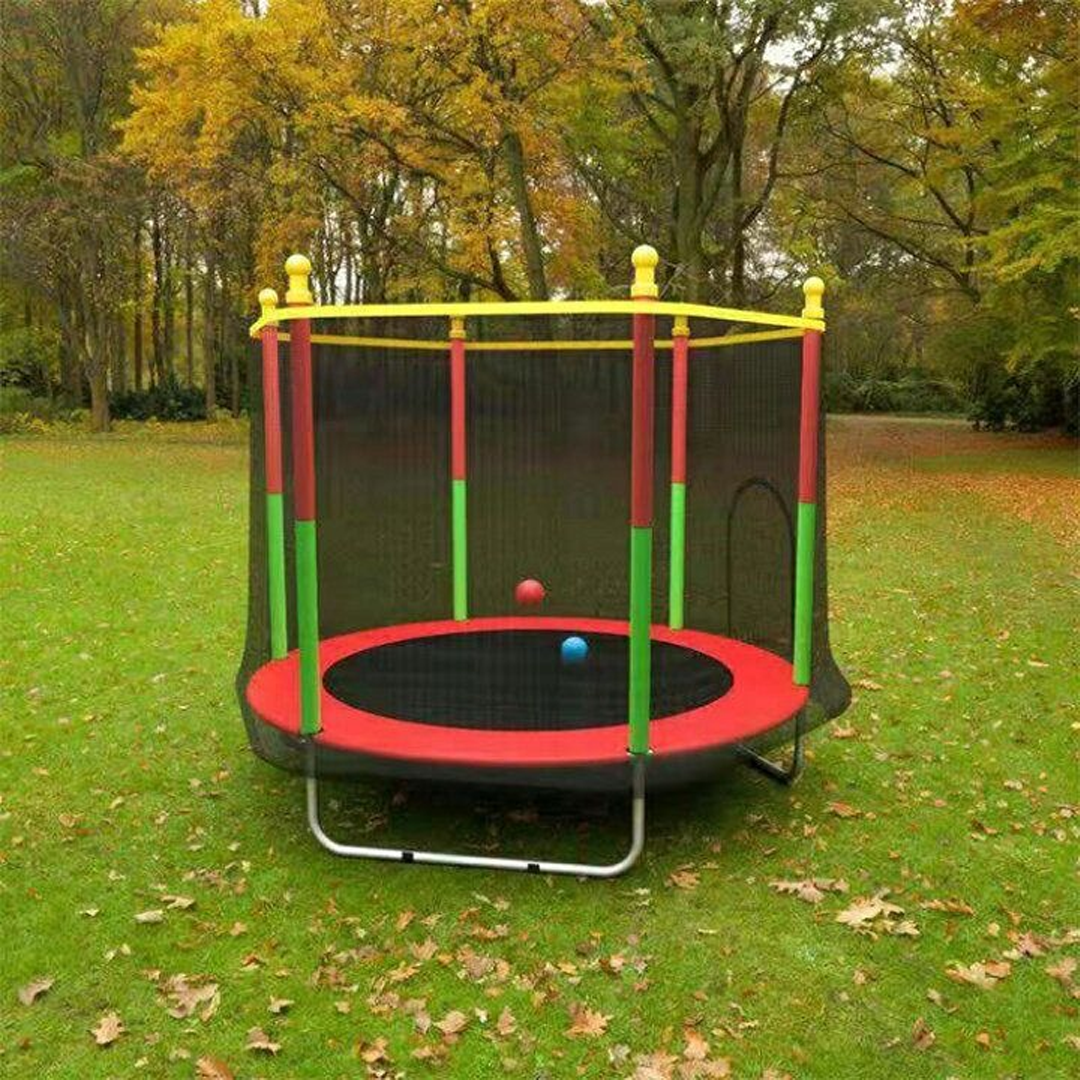 "Sicheres Kindertrampolin mit robustem Rahmen, Schutzrand und Netz; ideal für draußen, geeignet bis 100 kg, einfach montierba