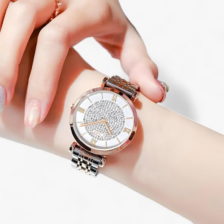 Silberne und goldene Luxus Damen-Armbanduhr, elegant und stilvoll, ideal für jedes Outfit. Hochwertige, minimalistische Uhr.