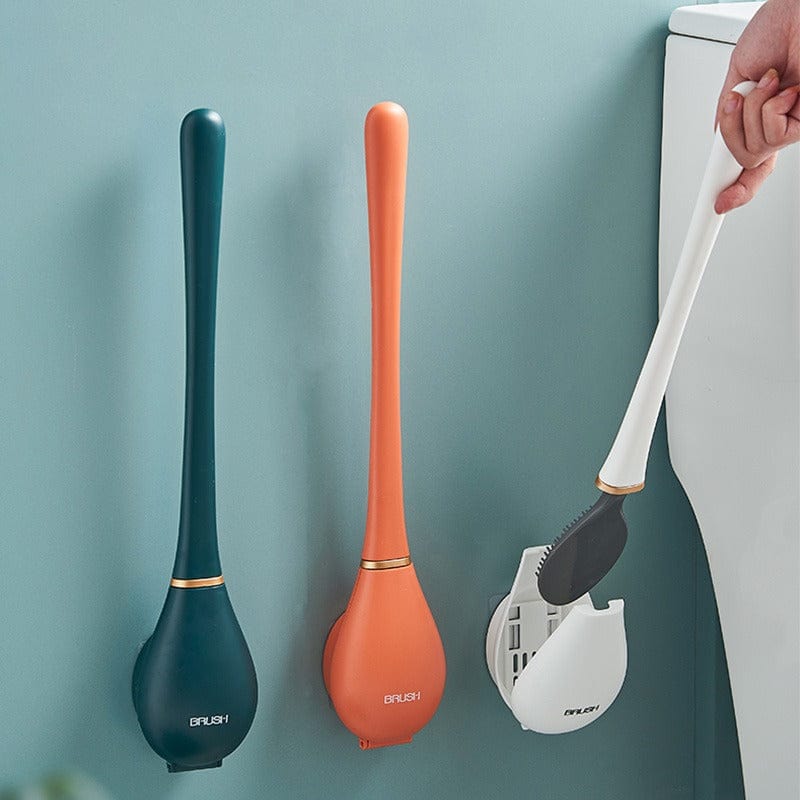 "Silikon-Toilettenbürste mit Wandhalterung in Beige, flacher Bürstenkopf für effiziente Reinigung, modernes Design."