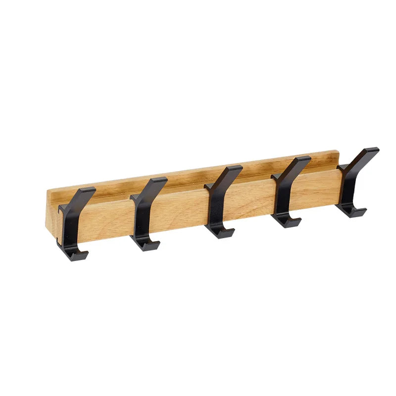 Skandinavische Wandgarderobe aus Gummibaumholz und Aluminium, 5 bewegliche Haken, elegant und langlebig, 40x7x7 cm.