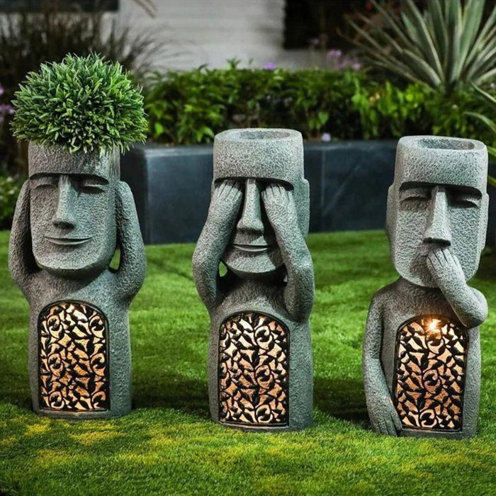 "Skulptur Blumentopf mit Solar LED, abstraktes Gesicht, Gartenlicht, kreative Gartendekoration, umweltfreundlich"