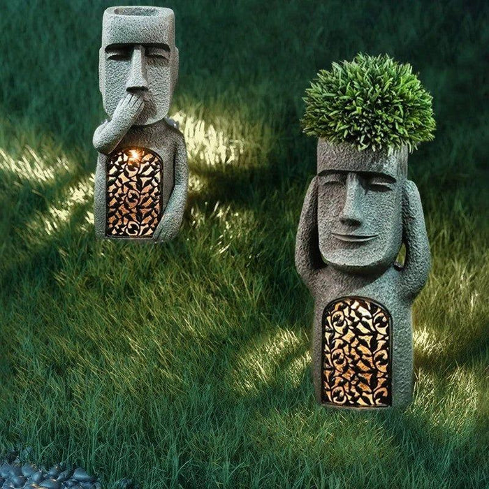 "Skulptur Blumentopf mit Solar LED, abstraktes Gesicht, Gartenlicht, kreative Gartendekoration, umweltfreundlich"