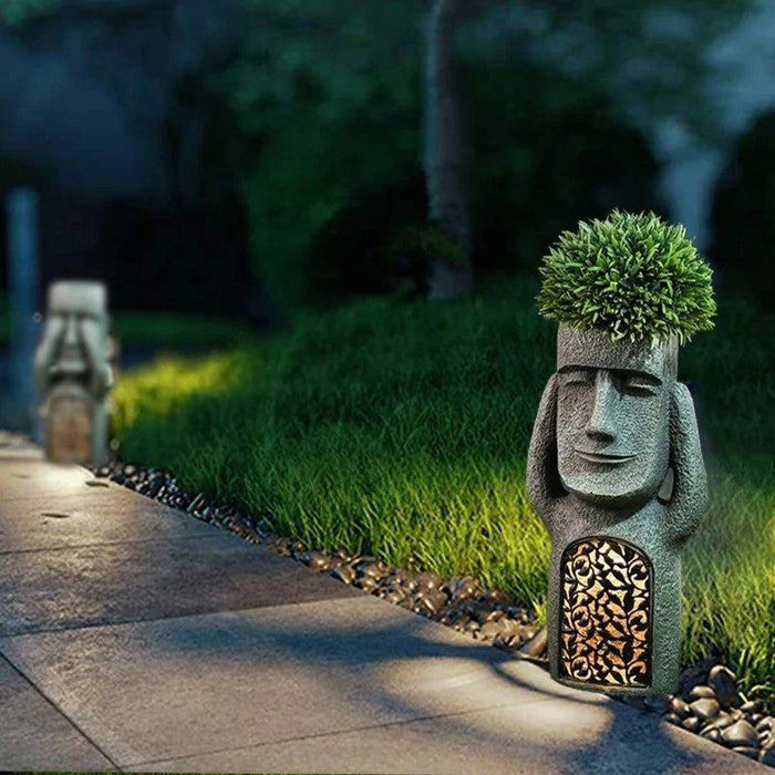 "Skulptur Blumentopf mit Solar LED, abstraktes Gesicht, Gartenlicht, kreative Gartendekoration, umweltfreundlich"