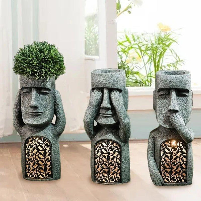 "Skulptur Blumentopf mit Solar LED, abstraktes Gesicht, Gartenlicht, kreative Gartendekoration, umweltfreundlich"