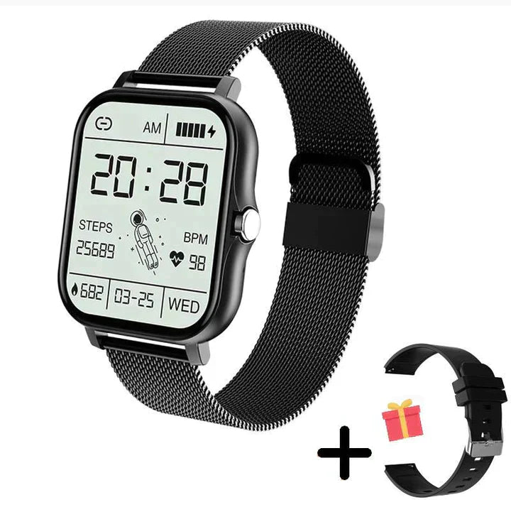 Smartwatch in Gold, Rosa, Schwarz und Silber mit Gesundheits-Tracking, stilvollem Design und austauschbarem Armband.