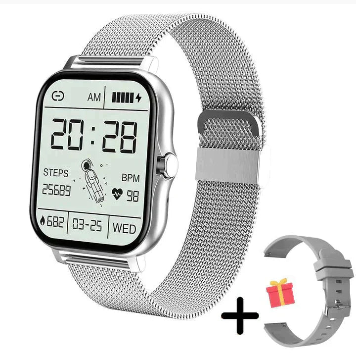 Smartwatch in Gold, Rosa, Schwarz und Silber mit Gesundheits-Tracking, stilvollem Design und austauschbarem Armband.