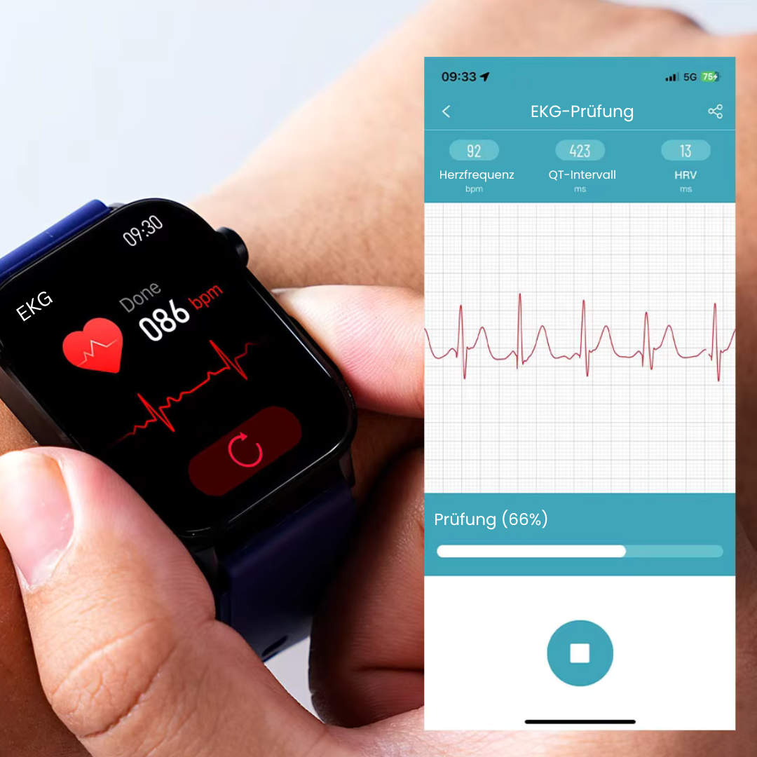 Smartwatch mit schlankem Design, SOS-Notruffunktion, Blutzucker- und Pulsüberwachung auf modernem Voll-Touchscreen.