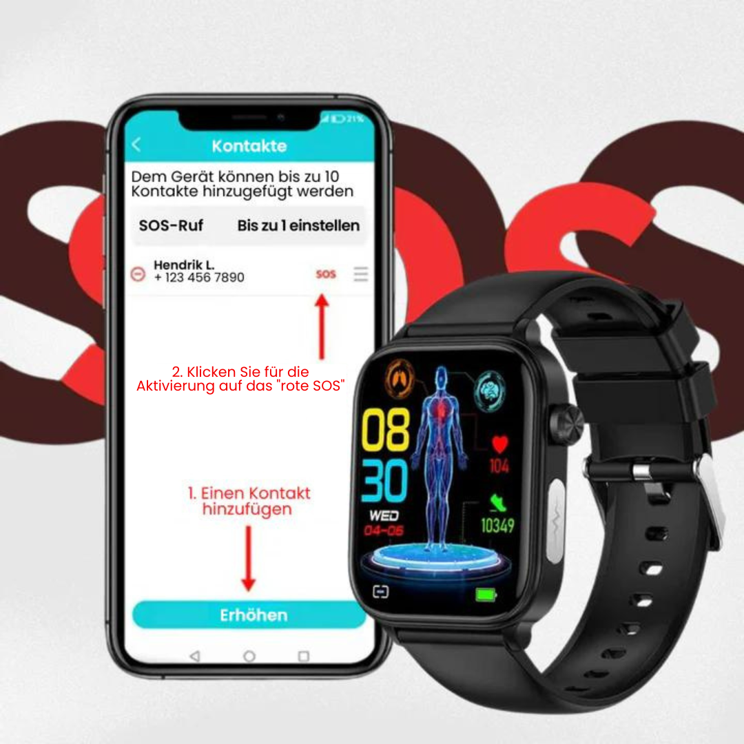 Smartwatch mit schlankem Design, SOS-Notruffunktion, Blutzucker- und Pulsüberwachung auf modernem Voll-Touchscreen.