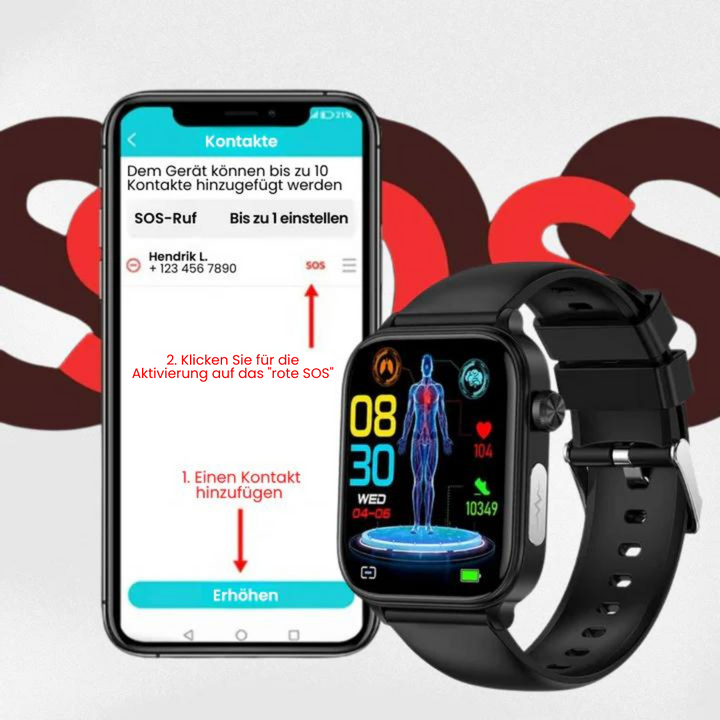 Smartwatch mit schlankem Design, SOS-Notruffunktion, Blutzucker- und Pulsüberwachung auf modernem Voll-Touchscreen.