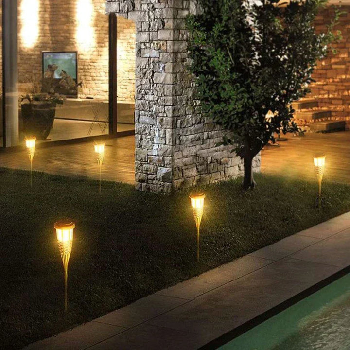 "Solar-Fackel 5er-Set mit LED Flammenoptik, Gartenleuchten, warmes flackerndes Licht, wetterbeständig, einfach zu installiere