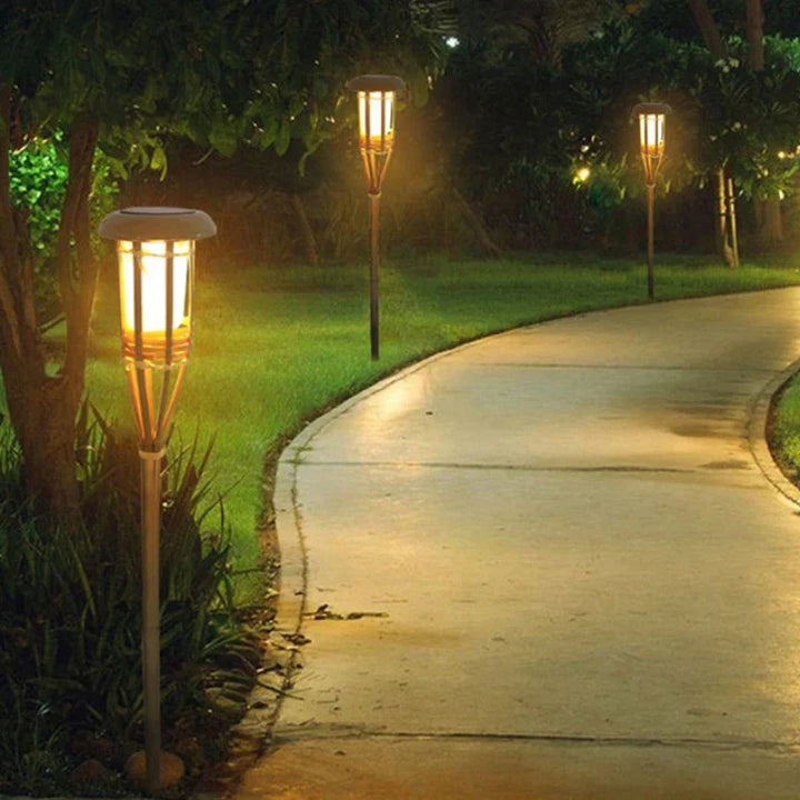 "Solar-Fackel 5er-Set mit LED Flammenoptik, Gartenleuchten, warmes flackerndes Licht, wetterbeständig, einfach zu installiere