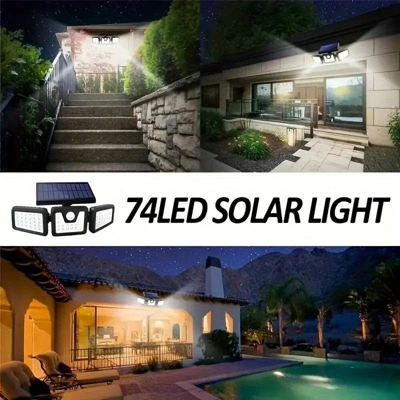 "Solar LED Flutlicht mit 3-Strahler, wetterfest, mit Bewegungsmelder, ideal für Garten, Hof und Garage, energiesparend"