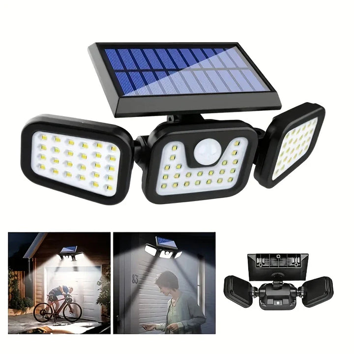 "Solar LED Flutlicht mit 3-Strahler, wetterfest, mit Bewegungsmelder, ideal für Garten, Hof und Garage, energiesparend"