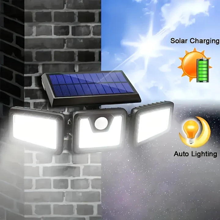 "Solar LED Flutlicht mit 3-Strahler, wetterfest, mit Bewegungsmelder, ideal für Garten, Hof und Garage, energiesparend"