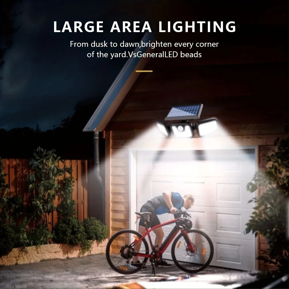 "Solar LED Flutlicht mit 3-Strahler, wetterfest, mit Bewegungsmelder, ideal für Garten, Hof und Garage, energiesparend"