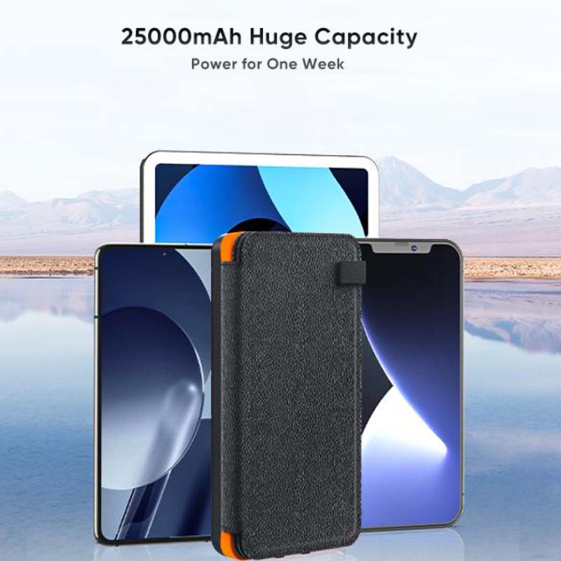 Solarbetriebene Powerbank 25000mAh mit vier Solarpanels, LEDs, robustem Design für Outdoor-Abenteuer und schnellem Laden.