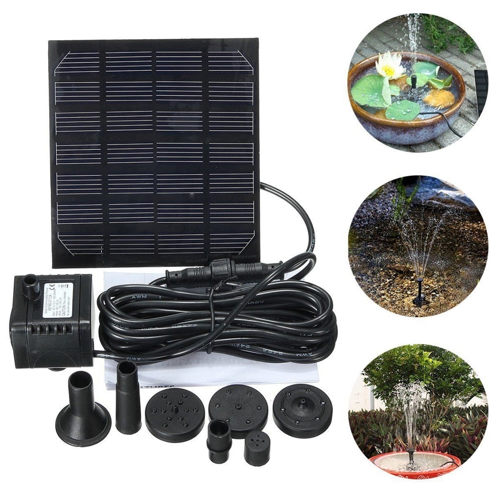 Solarbetriebener Wasserbrunnen im Garten mit verschiedenen Sprühköpfen, solarbetrieben, ideal für Teiche und Vogelbäder.