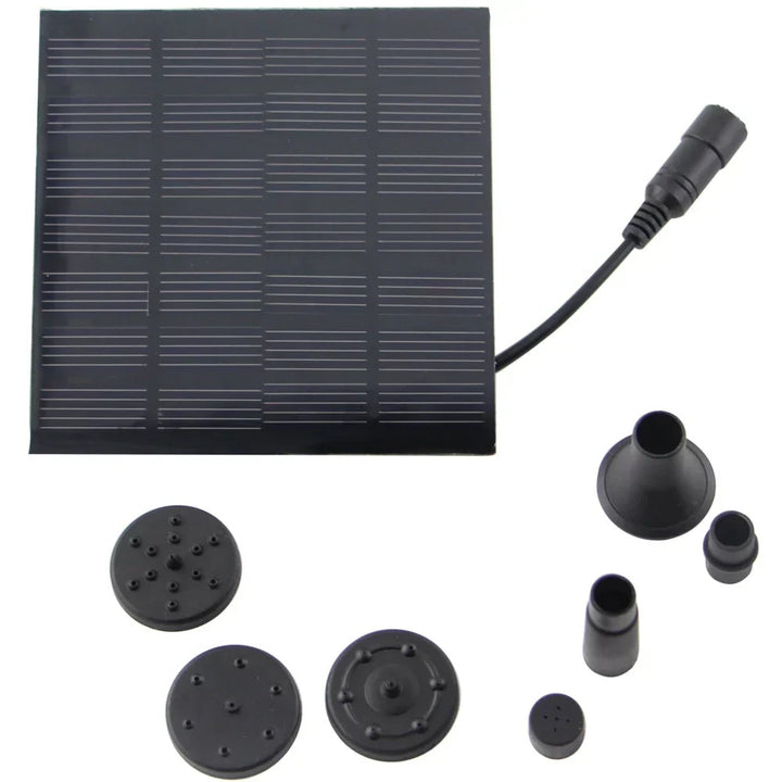 Solarbetriebener Wasserbrunnen im Garten mit verschiedenen Sprühköpfen, solarbetrieben, ideal für Teiche und Vogelbäder.