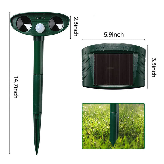 Solarlades Tierabwehrgerät mit Bewegungsmelder und wasserdichtem Design zur umweltfreundlichen Schädlingabwehr im Garten.