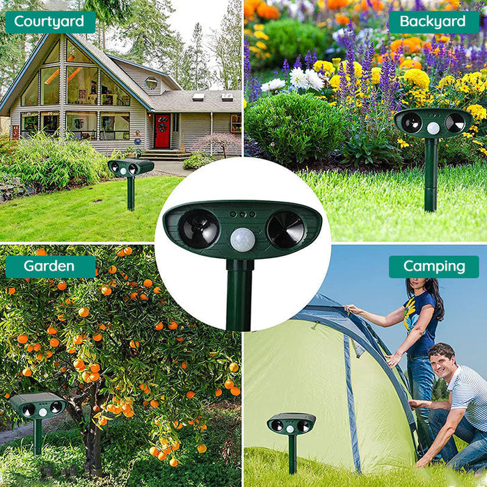 Solarlades Tierabwehrgerät mit Bewegungsmelder und wasserdichtem Design zur umweltfreundlichen Schädlingabwehr im Garten.