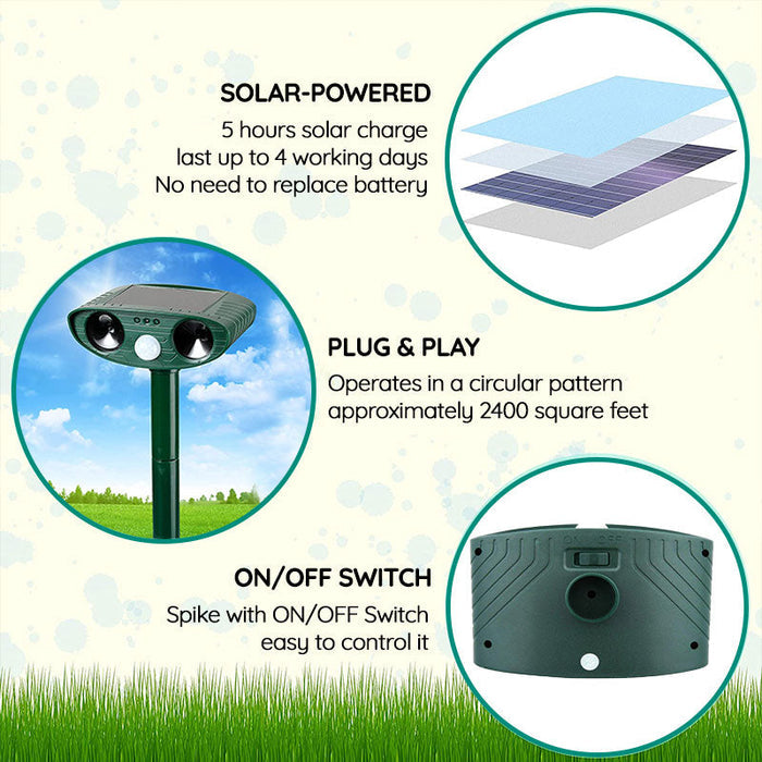 Solarlades Tierabwehrgerät mit Bewegungsmelder und wasserdichtem Design zur umweltfreundlichen Schädlingabwehr im Garten.