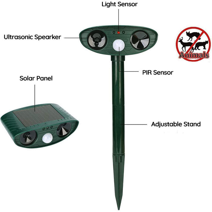Solarlades Tierabwehrgerät mit Bewegungsmelder und wasserdichtem Design zur umweltfreundlichen Schädlingabwehr im Garten.