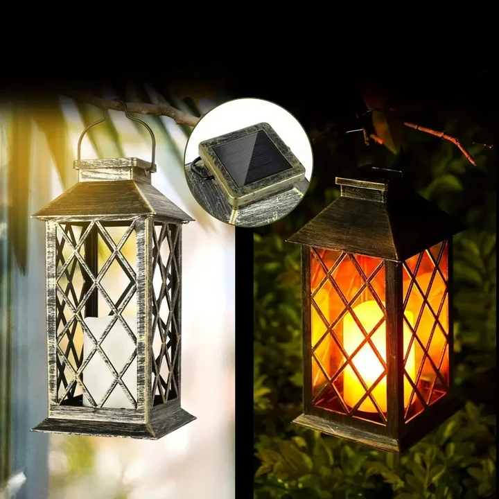 Solarlampe Noctis Gartenlaterne mit flackernder LED-Kerze, warmes Licht, wetterfest, ideal für Gartenbeleuchtung.