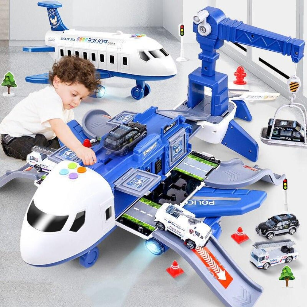 Spielset mit großem buntem Flugzeug, Mini-Baufahrzeugen und Zubehör, ideal für Kinder von 3 bis 6 Jahren, fördert Kreativität