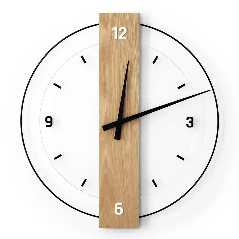 "Stille Wanduhr aus Holz mit weißem Zifferblatt, minimalistisches Design, aus Eichenholz, ideal für stilvolle Räume."