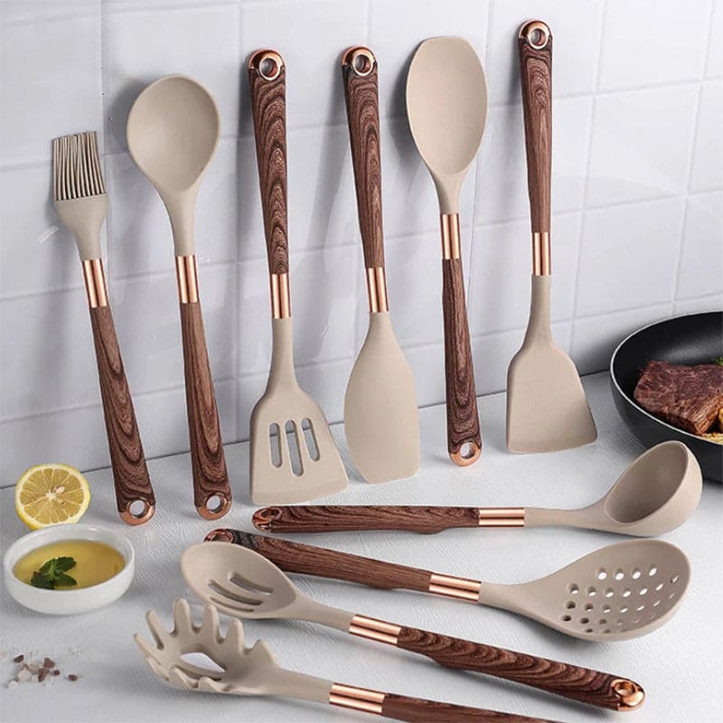 "Stilvolles Silikon-Küchenutensilien Set, temperaturbeständig, rutschfeste Holzgriffe, ideal für antihaftbeschichtete Pfannen