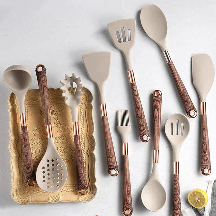 "Stilvolles Silikon-Küchenutensilien Set, temperaturbeständig, rutschfeste Holzgriffe, ideal für antihaftbeschichtete Pfannen