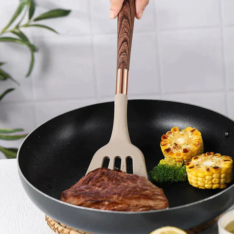 "Stilvolles Silikon-Küchenutensilien Set, temperaturbeständig, rutschfeste Holzgriffe, ideal für antihaftbeschichtete Pfannen