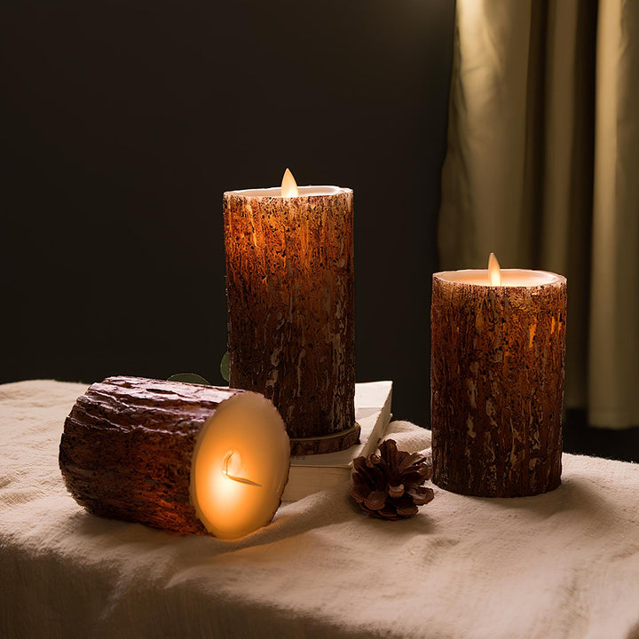 "Stimmungsvolle LED-Kerzen mit realistischem Flammeneffekt in Kürbisform, Holzoptik und klassischem Design, warmweißer Schein