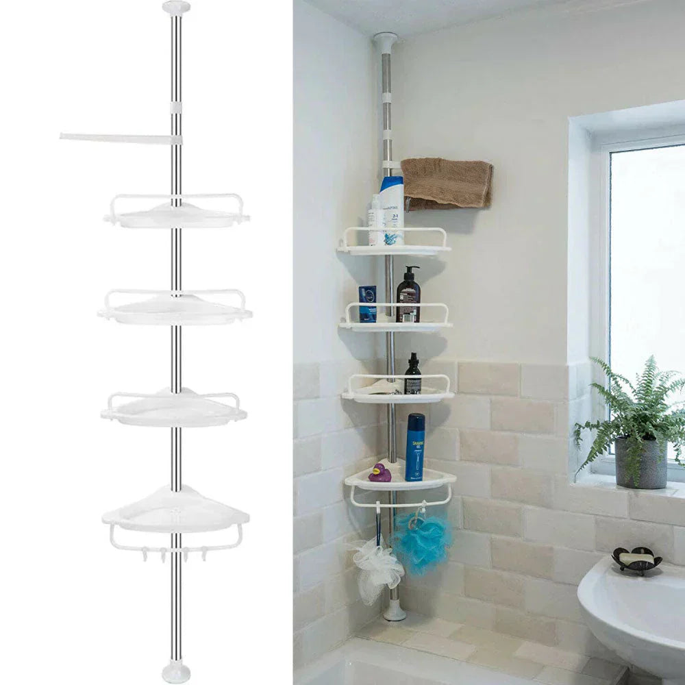 Teleskopisches Duschregal mit 4 höhenverstellbaren Ablagen, ideal für die Dusche, bietet robusten Stauraum ohne Bohren.