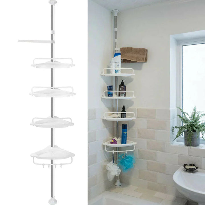 Teleskopisches Duschregal mit 4 höhenverstellbaren Ablagen, ideal für die Dusche, bietet robusten Stauraum ohne Bohren.